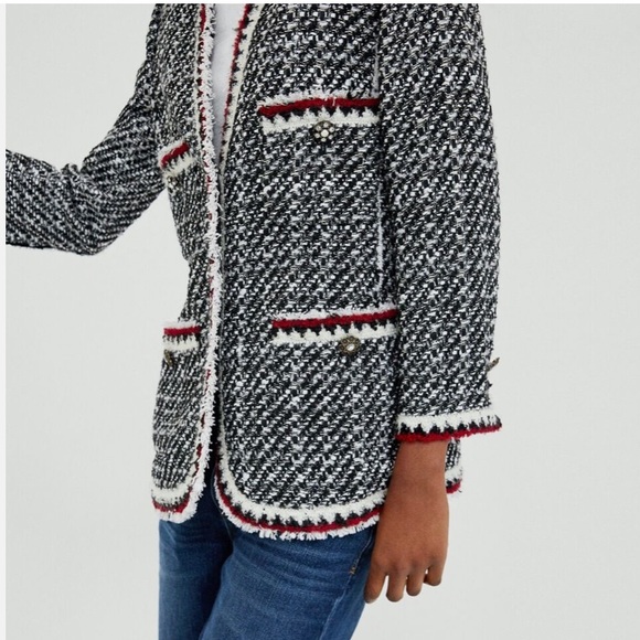 Zara Bloggers Favorite Black & White/Red Tweed Textured Lady 3 Button Blazer, S - Picture 7 of 14